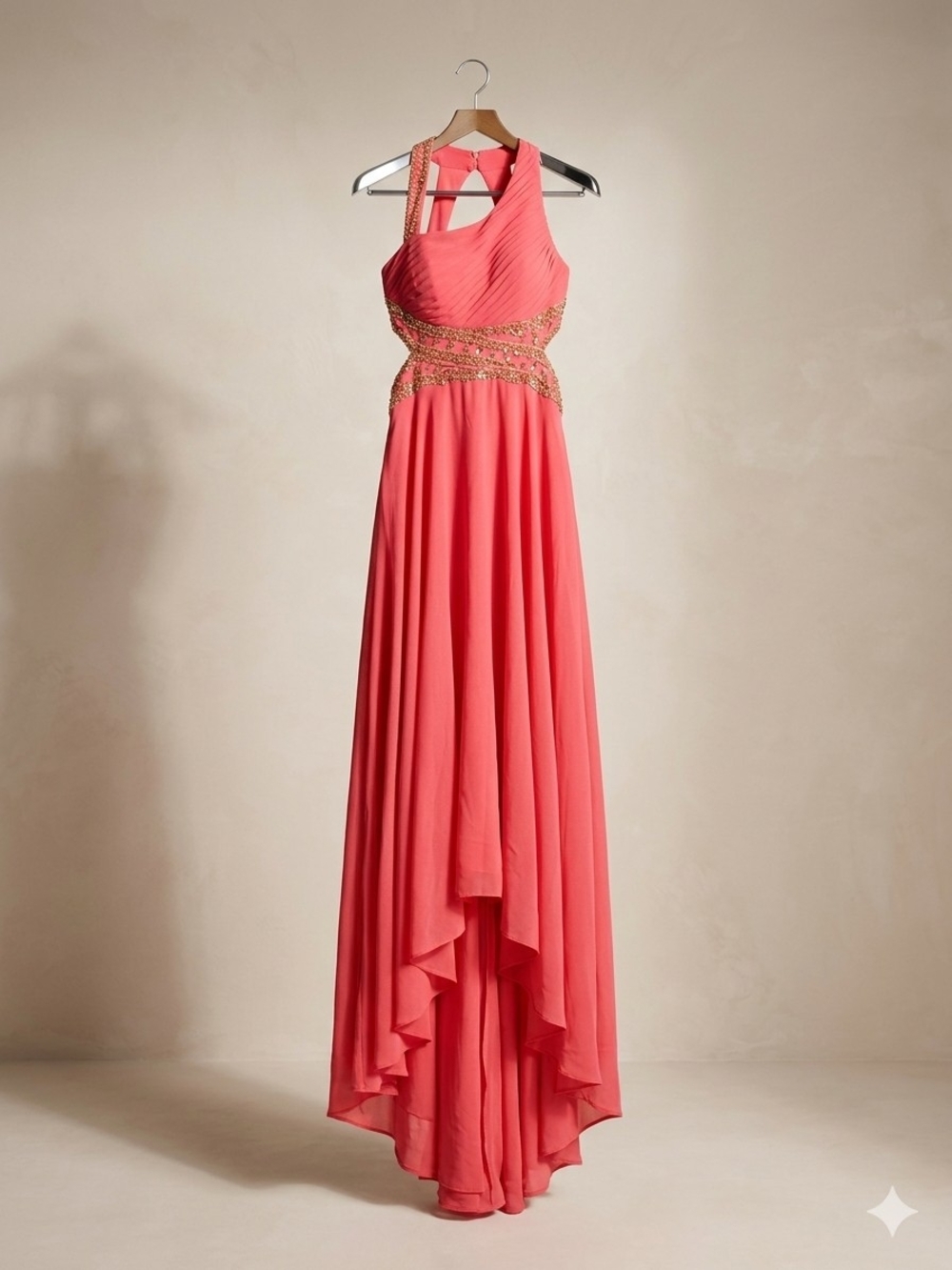 Betsy & Adam Coral Halter High-Low Gown with Beaded Waist Size 4 - Picture 2 of 10